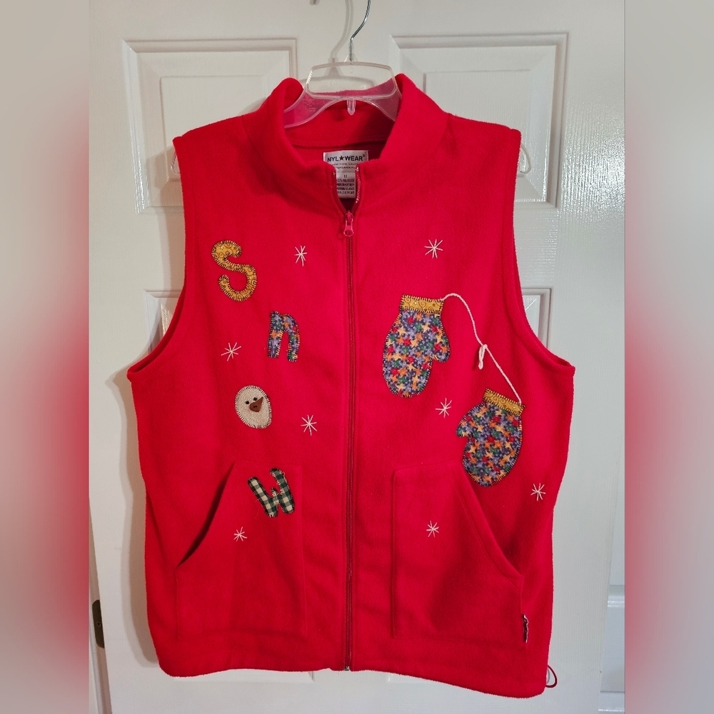 Nyl Wear Red Fleece Holiday Vest 1X Snowmen Mittens Appliqué Christmas Novelty - Picture 2 of 6